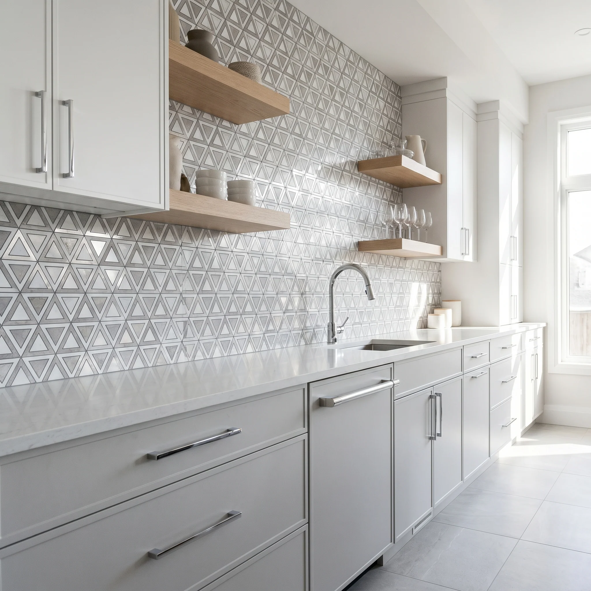 Crédence adhésive | Triangle Gris Blanc-Argent | 28,7×33,1 cm - Image 3
