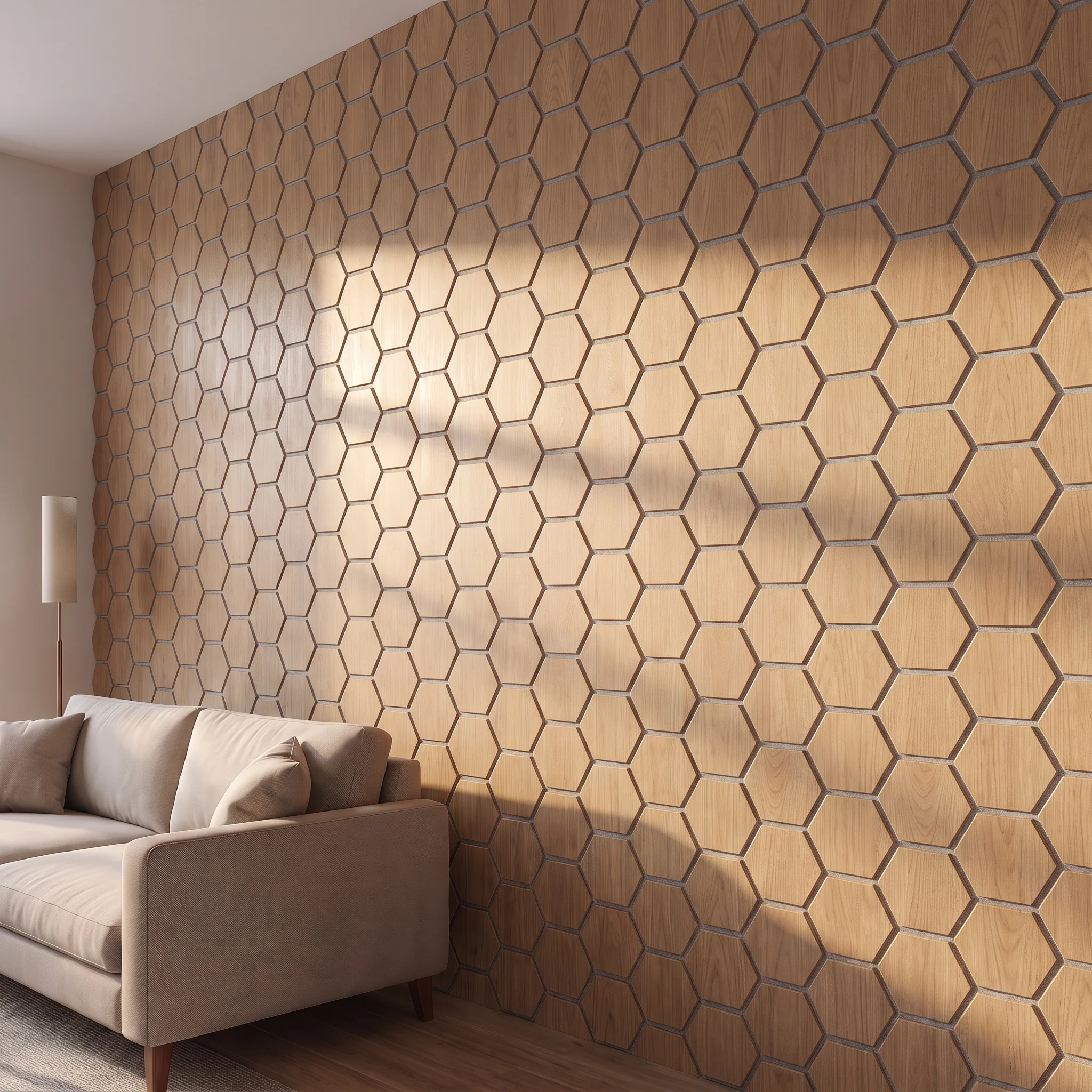 Panneau Mural Hexagonal | Chêne Naturel avec Feutre Gris 81 cm | Acoustique - Image 3