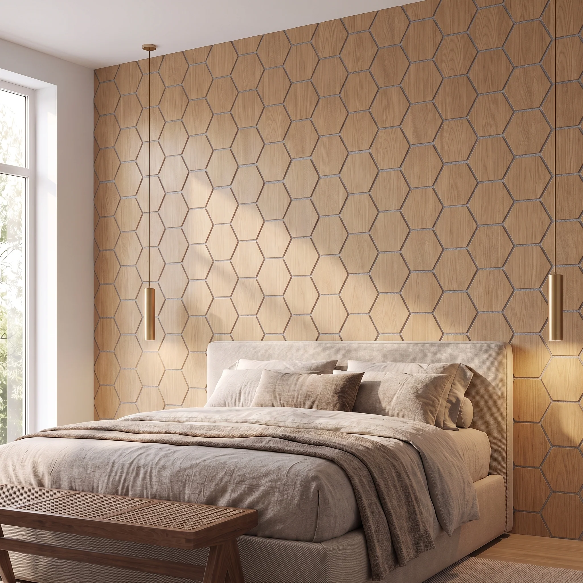 Panneau Mural Hexagonal | Chêne Naturel avec Feutre Gris 81 cm | Acoustique - Image 7