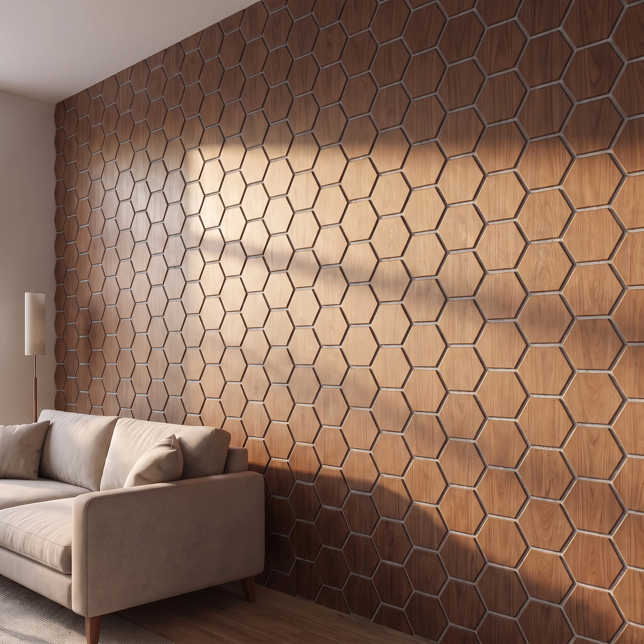 Panneau Mural Hexagonal | Noyer avec Feutre Gris 81 cm | Acoustique - Image 3