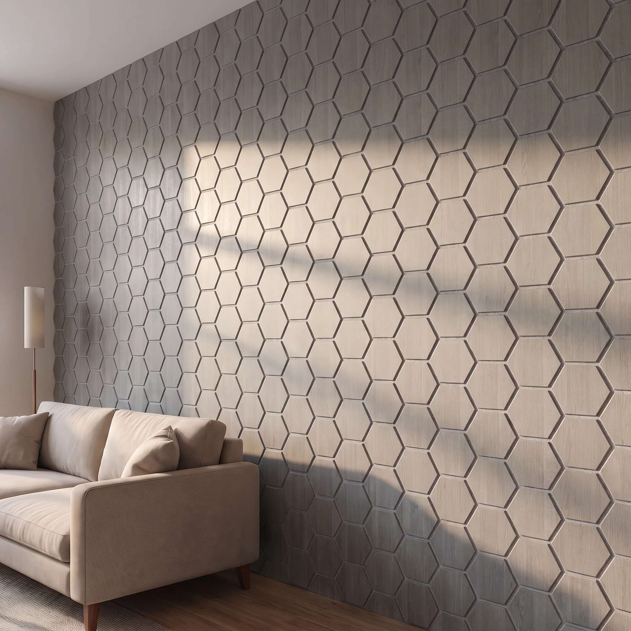 Panneau Mural Hexagonal | Noyer Gris avec Feutrine Grise 81 cm | Acoustique - Image 3