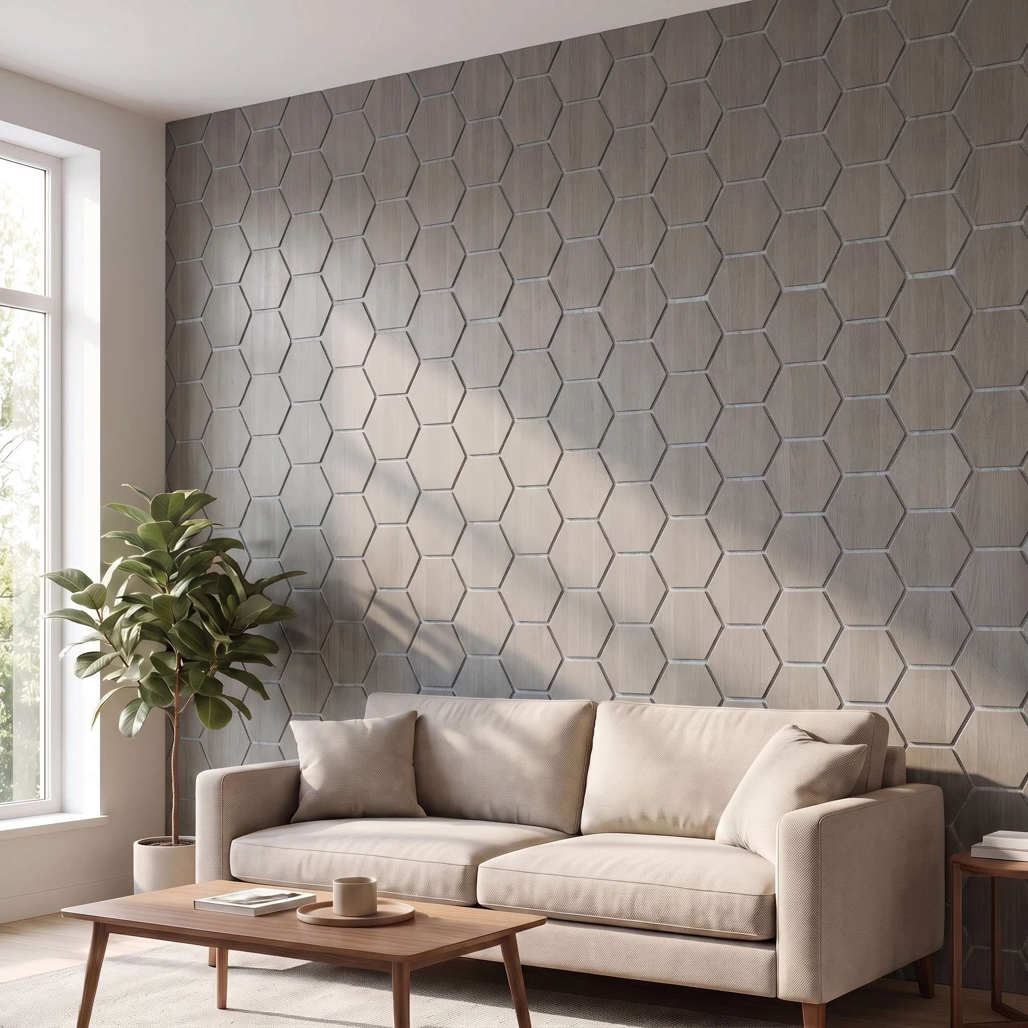 Panneau Mural Hexagonal | Noyer Gris avec Feutrine Grise 81 cm | Acoustique - Image 5